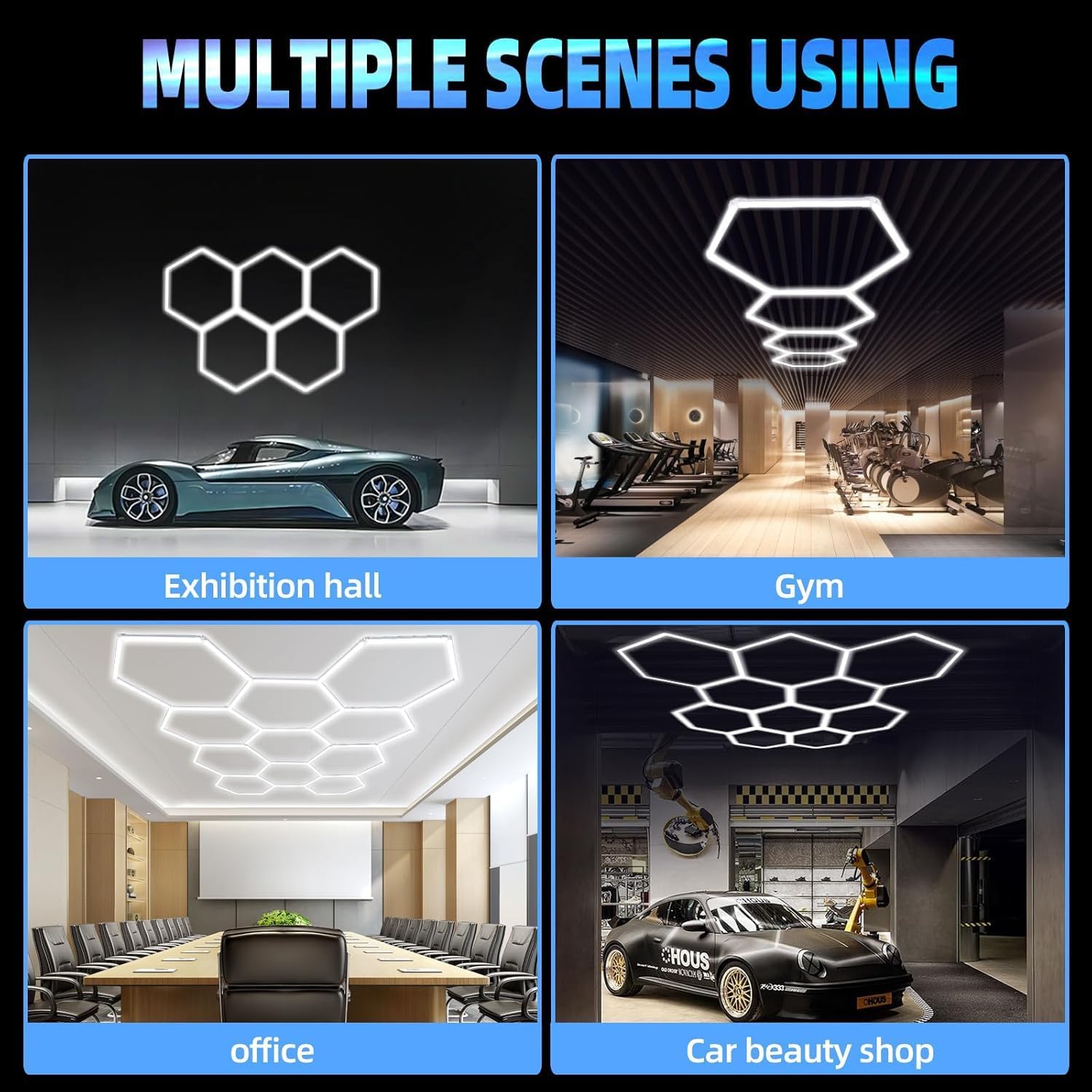 Luci Led Esagonali Per Garage E Officina 240W 26400 Lumen 6000K, Kit Fai Da Te 16 Pezzi, Illuminazione A Soffitto Per Auto, Palestra, Negozio